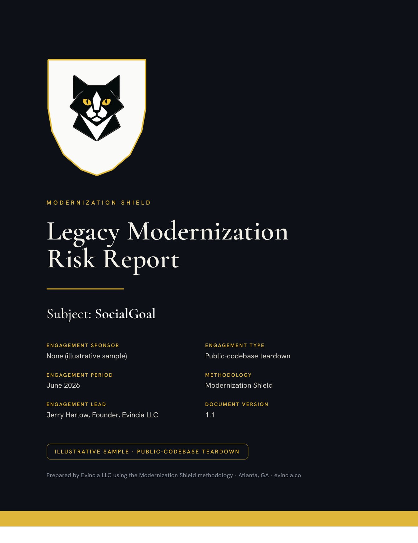 SocialGoal sample Legacy Modernization Risk Report: cover page