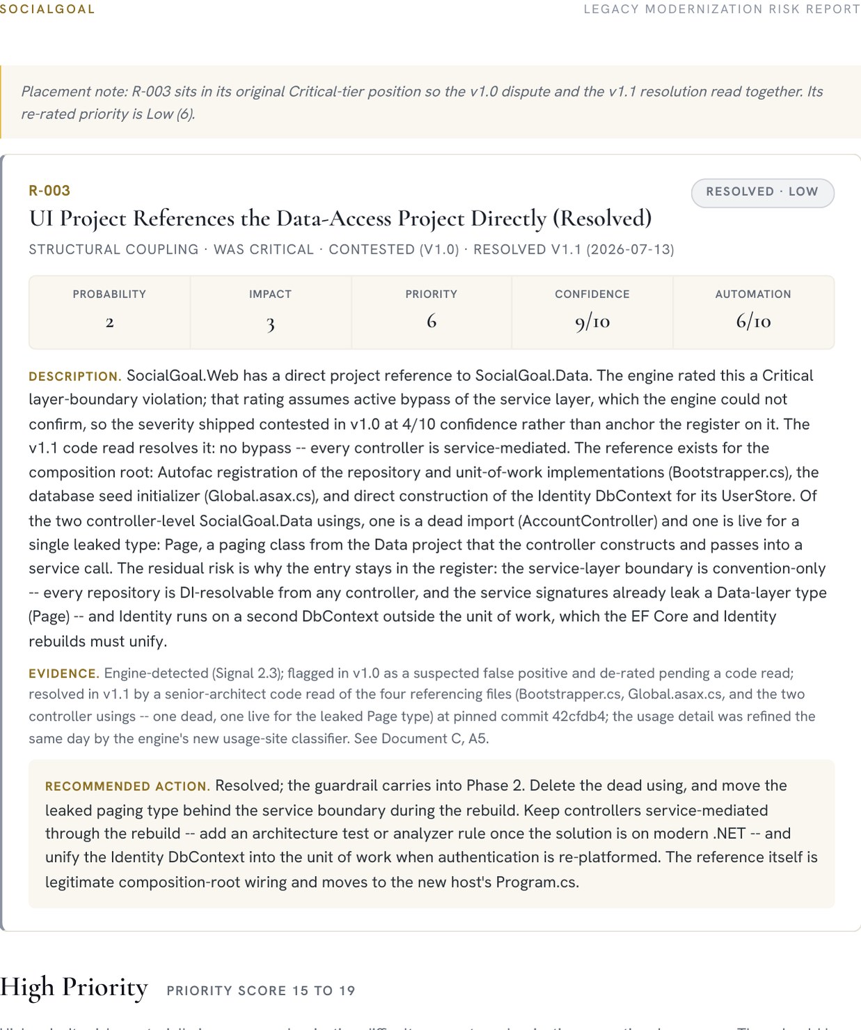 SocialGoal sample Legacy Modernization Risk Report: Risk Register page